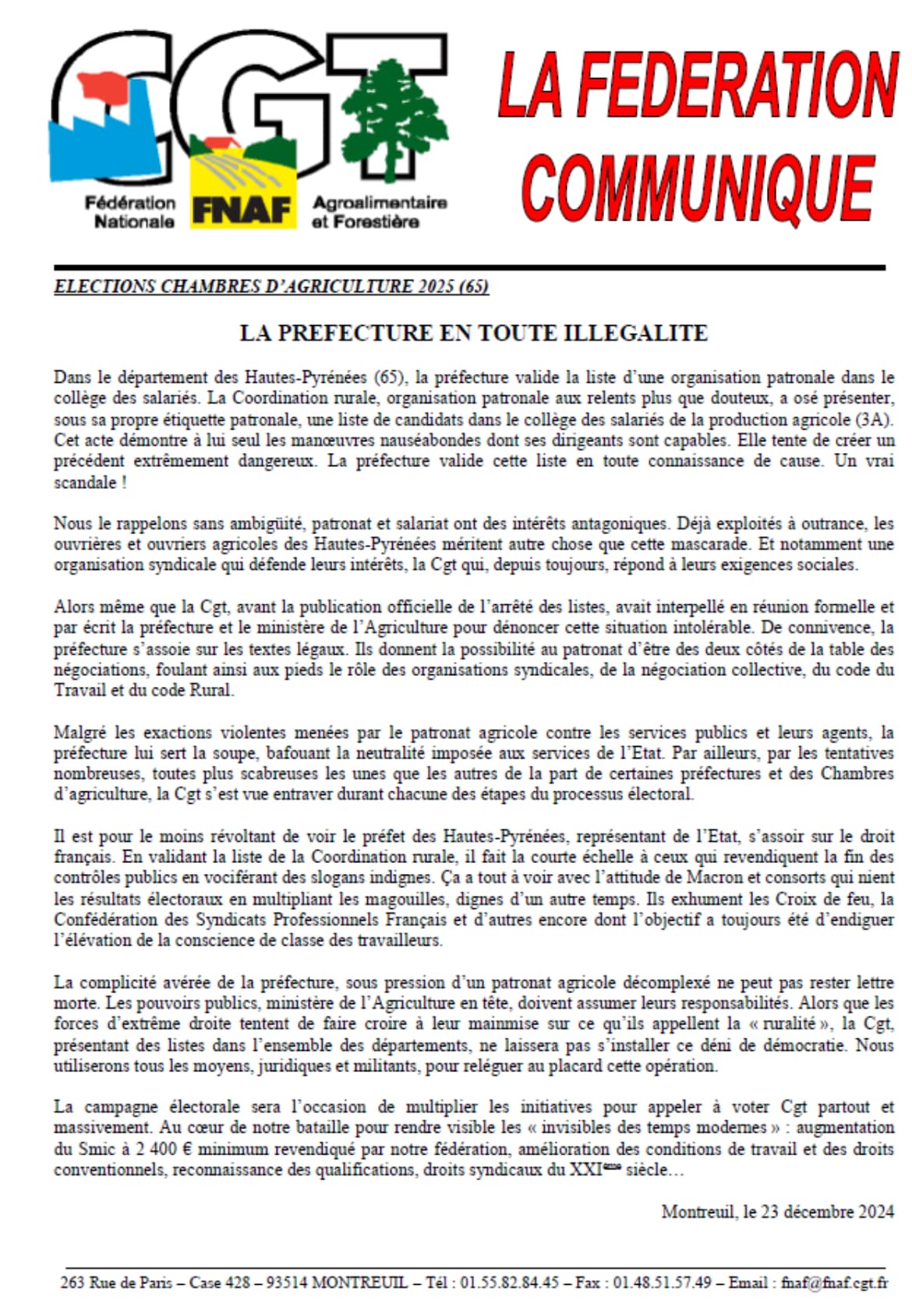 Communiqué de presse FNAF CGT